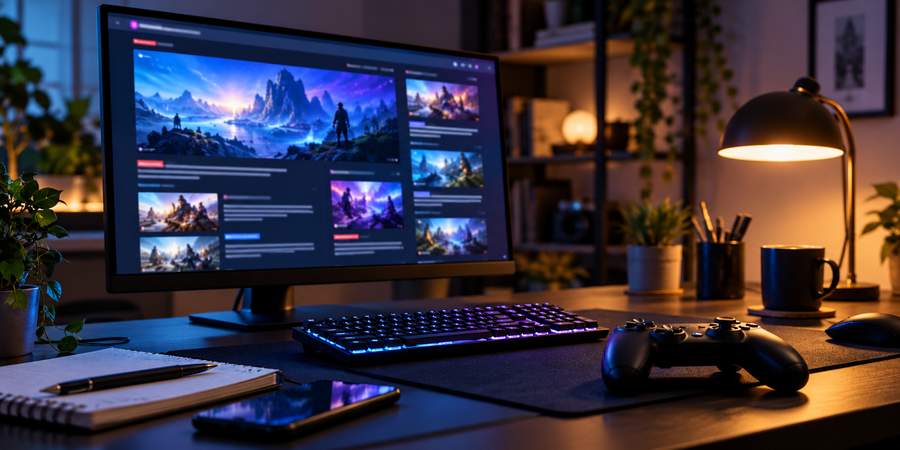 Écran d’ordinateur affichant une sélection de contenus gaming, avec manette et clavier sur un bureau.