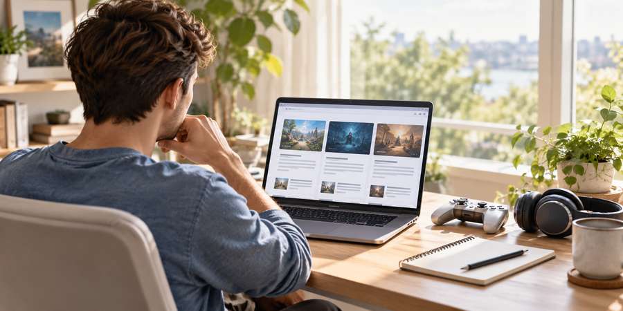 Joueur consultant des tests et des guides gaming sur son ordinateur portable, dans un bureau lumineux.